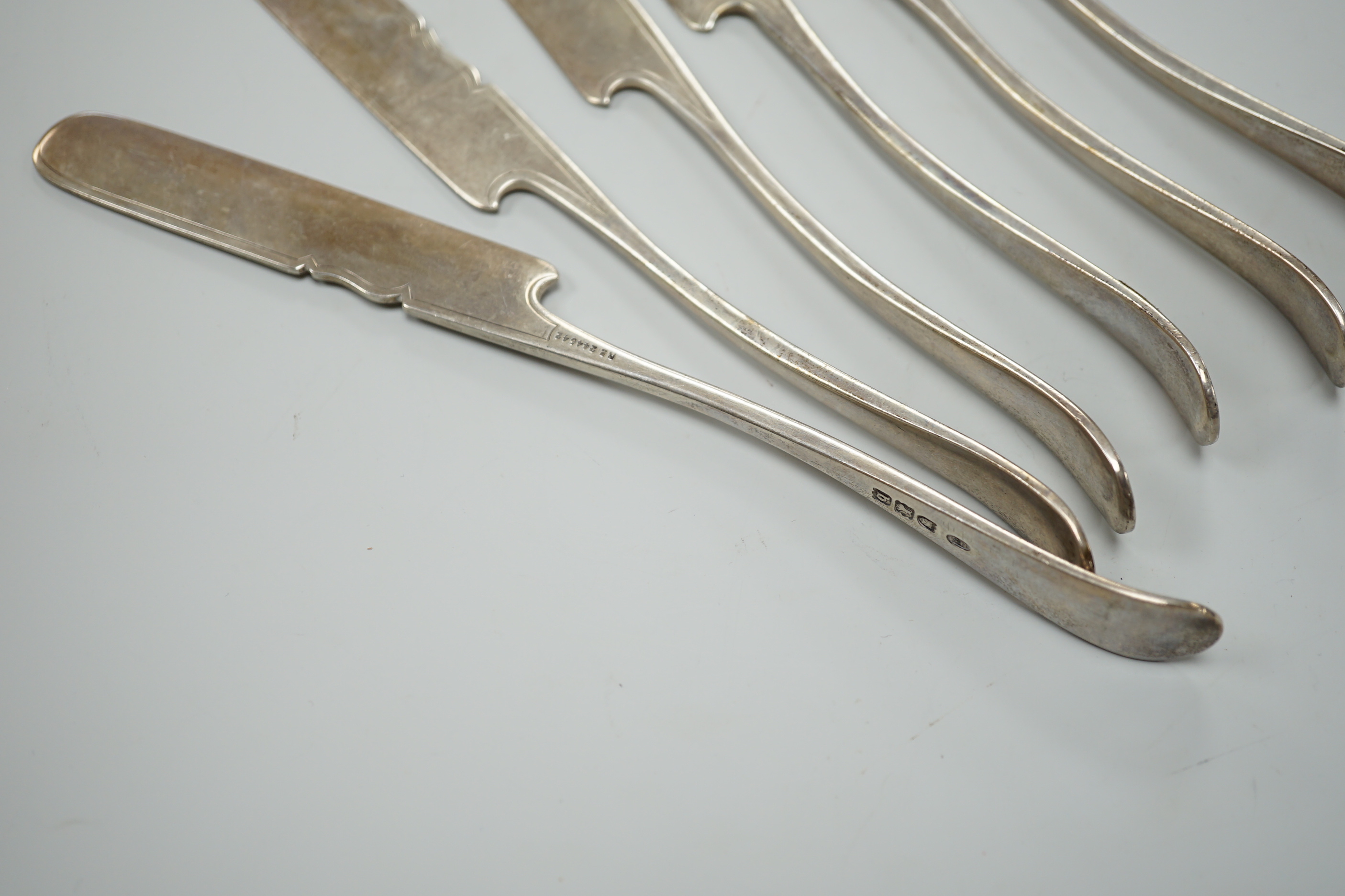 A set of six late Victorian silver butter knives, C.B, London, 1897, 20.8cm, 11.1oz.